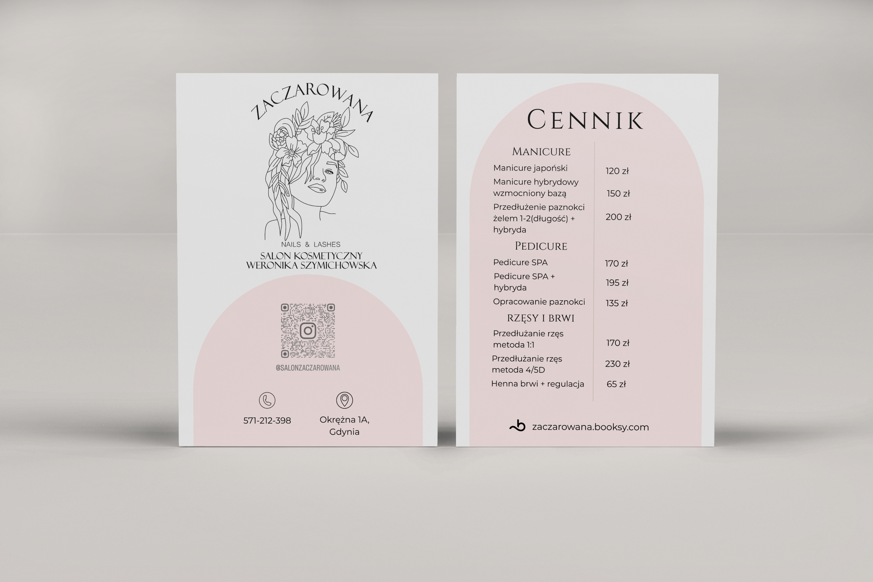 Projekt dwustronnej ulotki z cennikiem dla salonu Zaczarowana